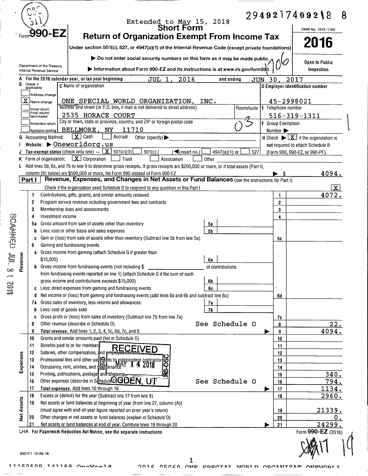 Image of first page of 2016 Form 990EZ for One World Org