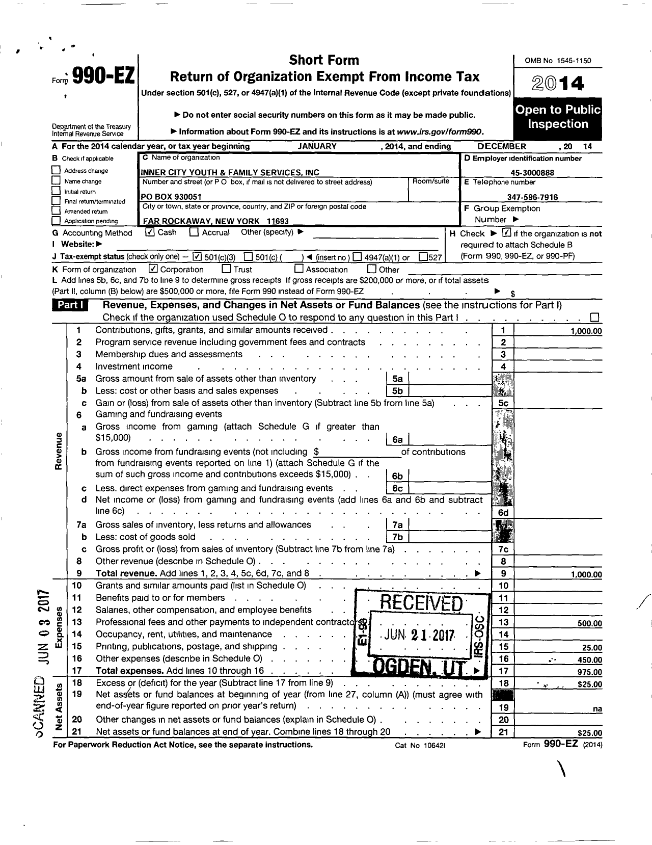 Image of first page of 2014 Form 990EZ for Inner City Youth and Family Services