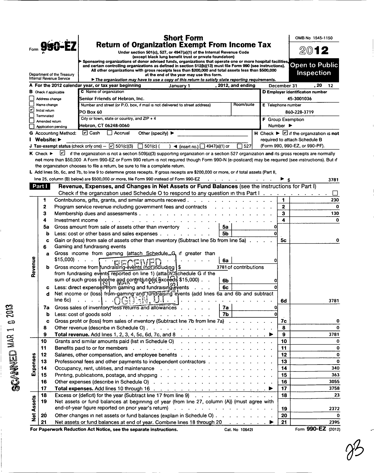 Image of first page of 2012 Form 990EZ for Senior Friends of Hebron