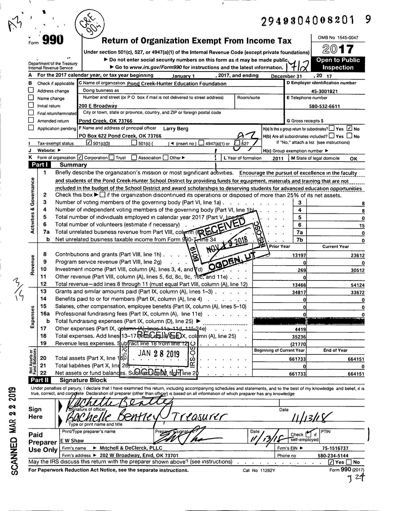 Image of first page of 2017 Form 990 for Pond Creek-Hunter Education Foundation
