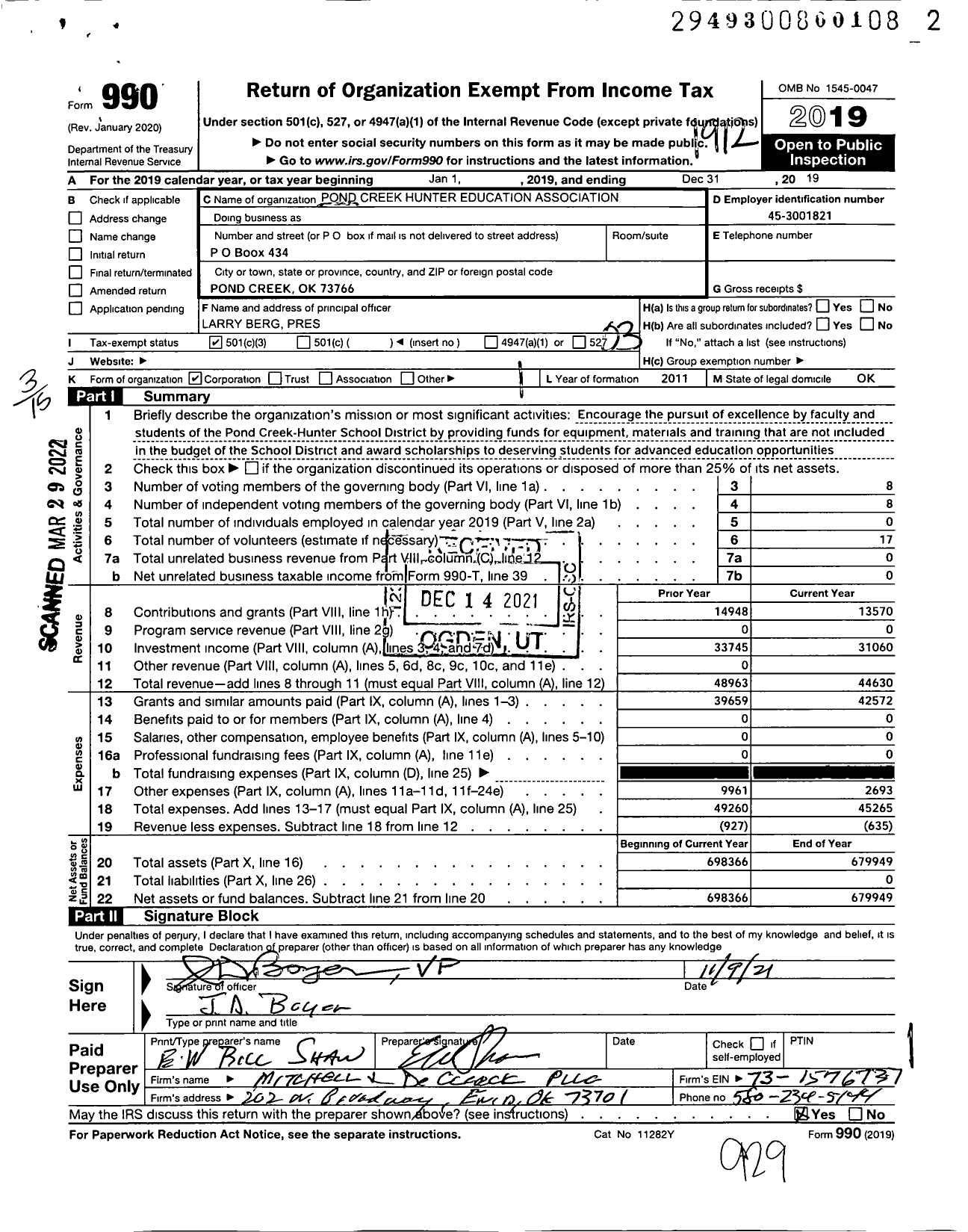 Image of first page of 2019 Form 990 for Pond Creek-Hunter Education Foundation