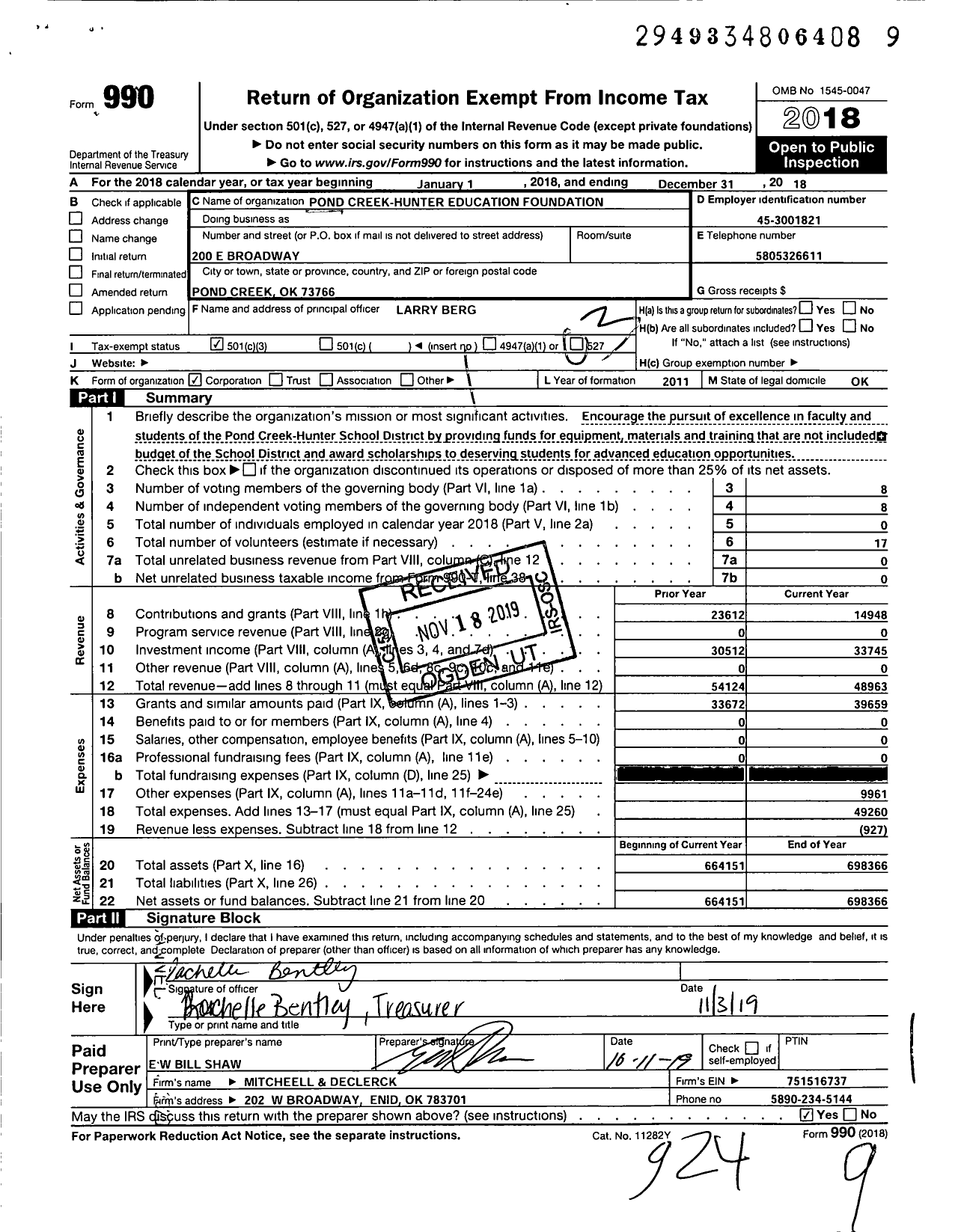 Image of first page of 2018 Form 990 for Pond Creek-Hunter Education Foundation