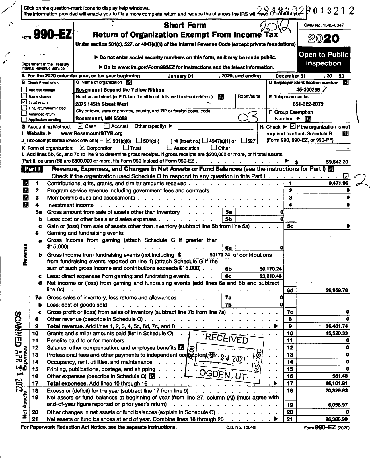 Image of first page of 2020 Form 990EZ for Rosemount Beyond the Yellow Ribbon