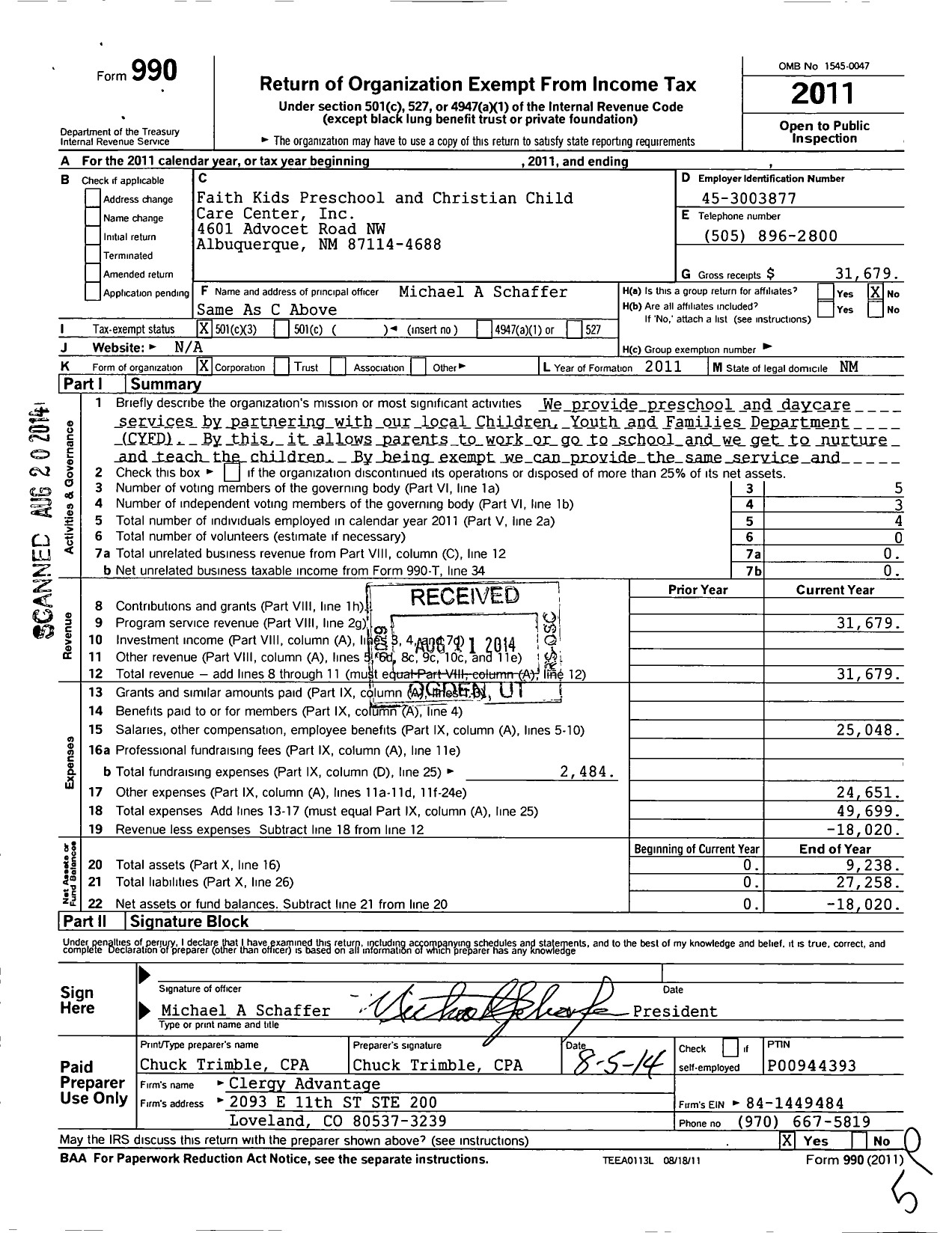 Image of first page of 2011 Form 990 for Faith Kids Preschool and Christian Child Care Center
