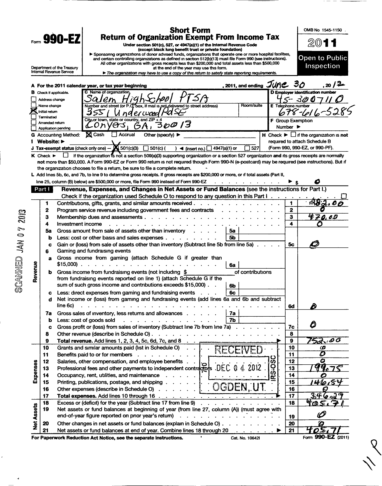 Image of first page of 2011 Form 990EZ for Georgia PTA - Salem HS Ptsa