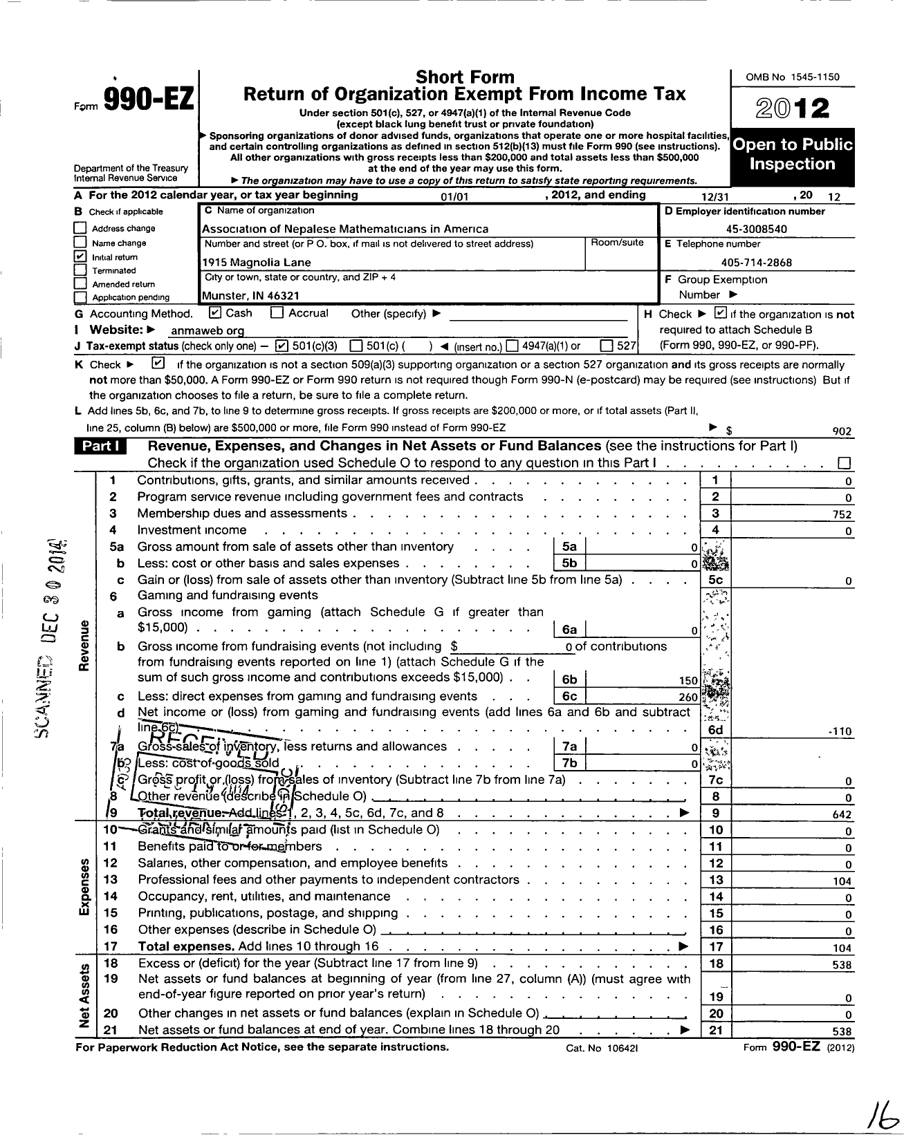 Image of first page of 2012 Form 990EZ for Association of Nepalese Mathematicians in America