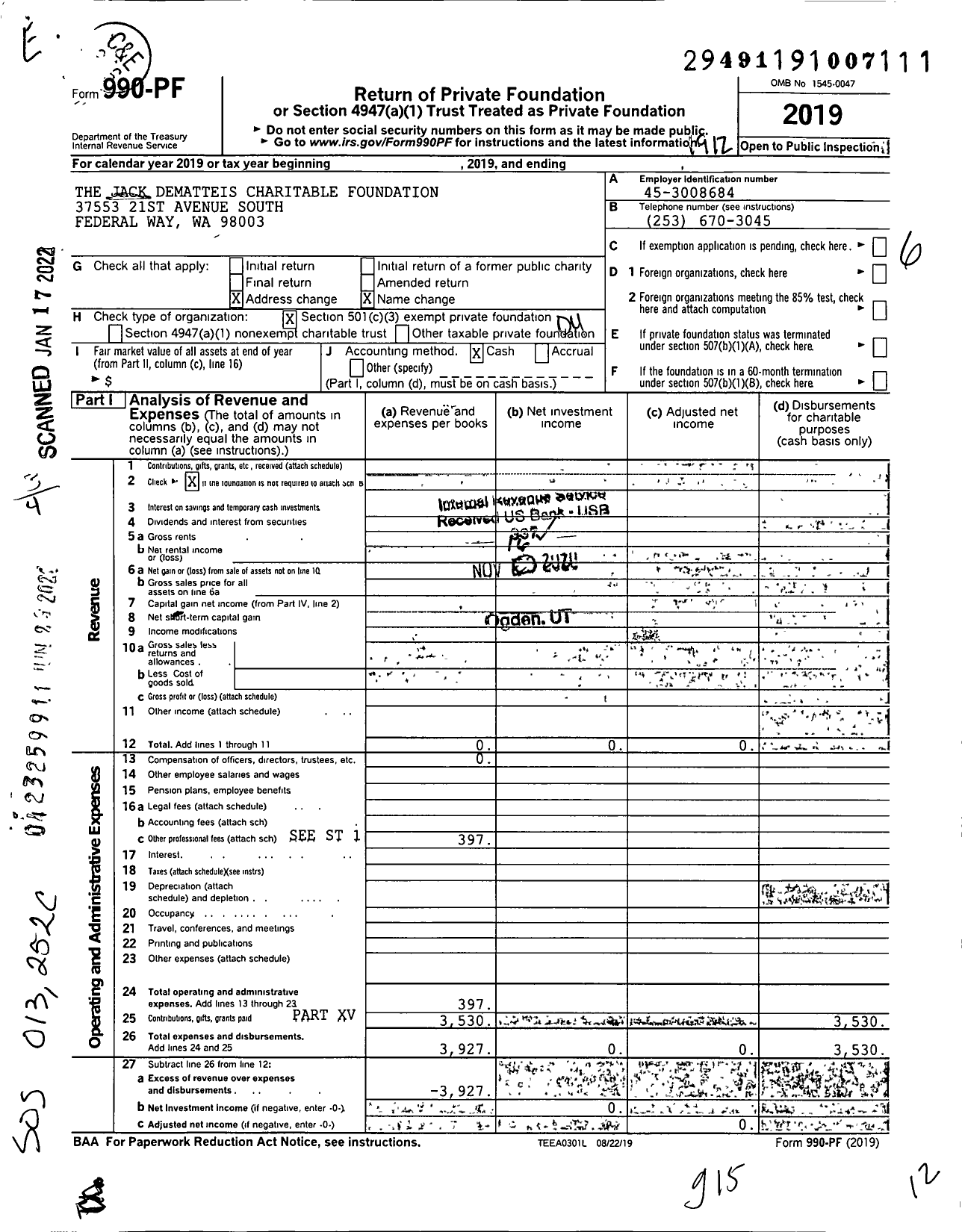 Image of first page of 2019 Form 990PF for The Jack Dematteis Charitable Foundation