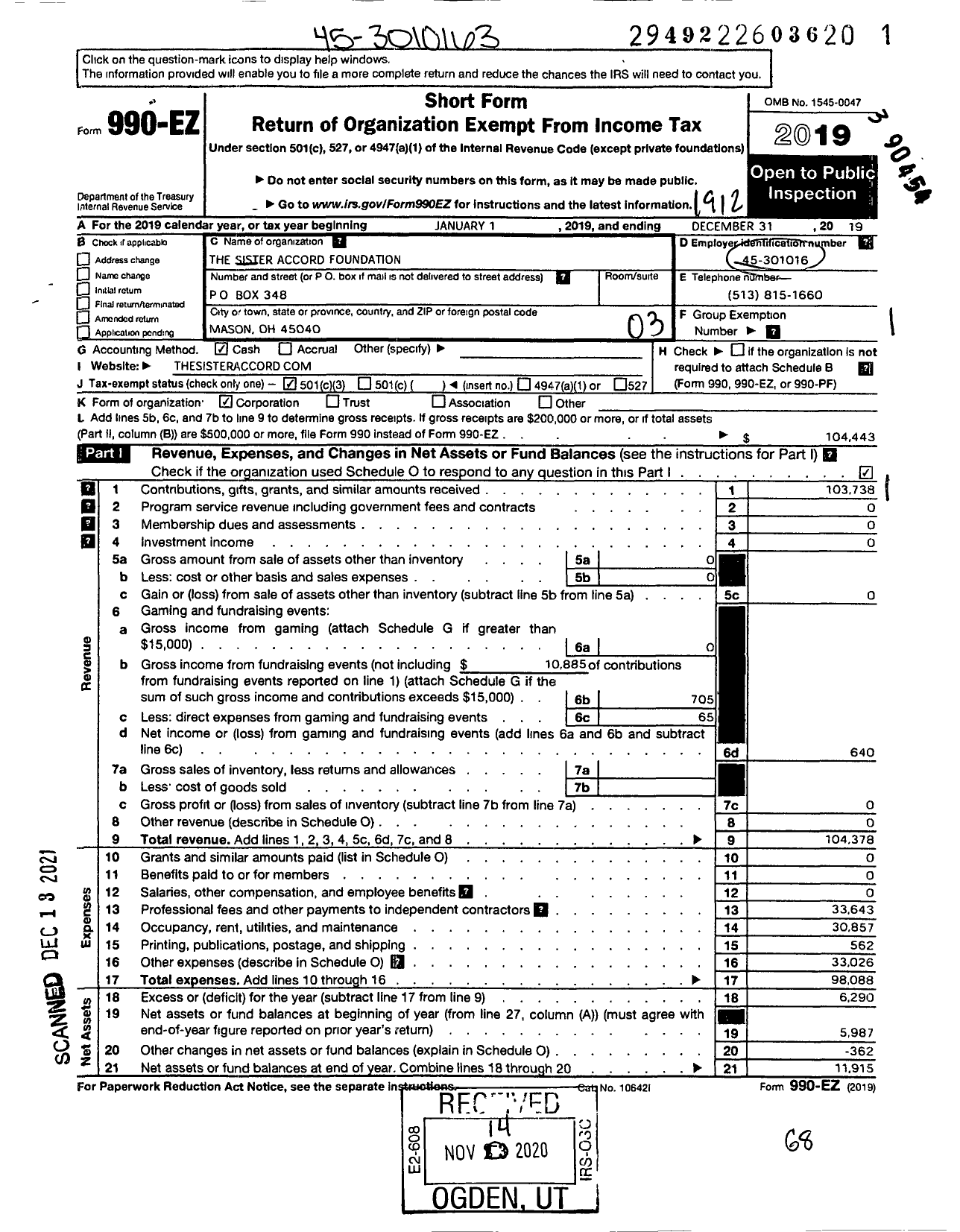 Image of first page of 2019 Form 990EZ for The Sister Accord Foundation