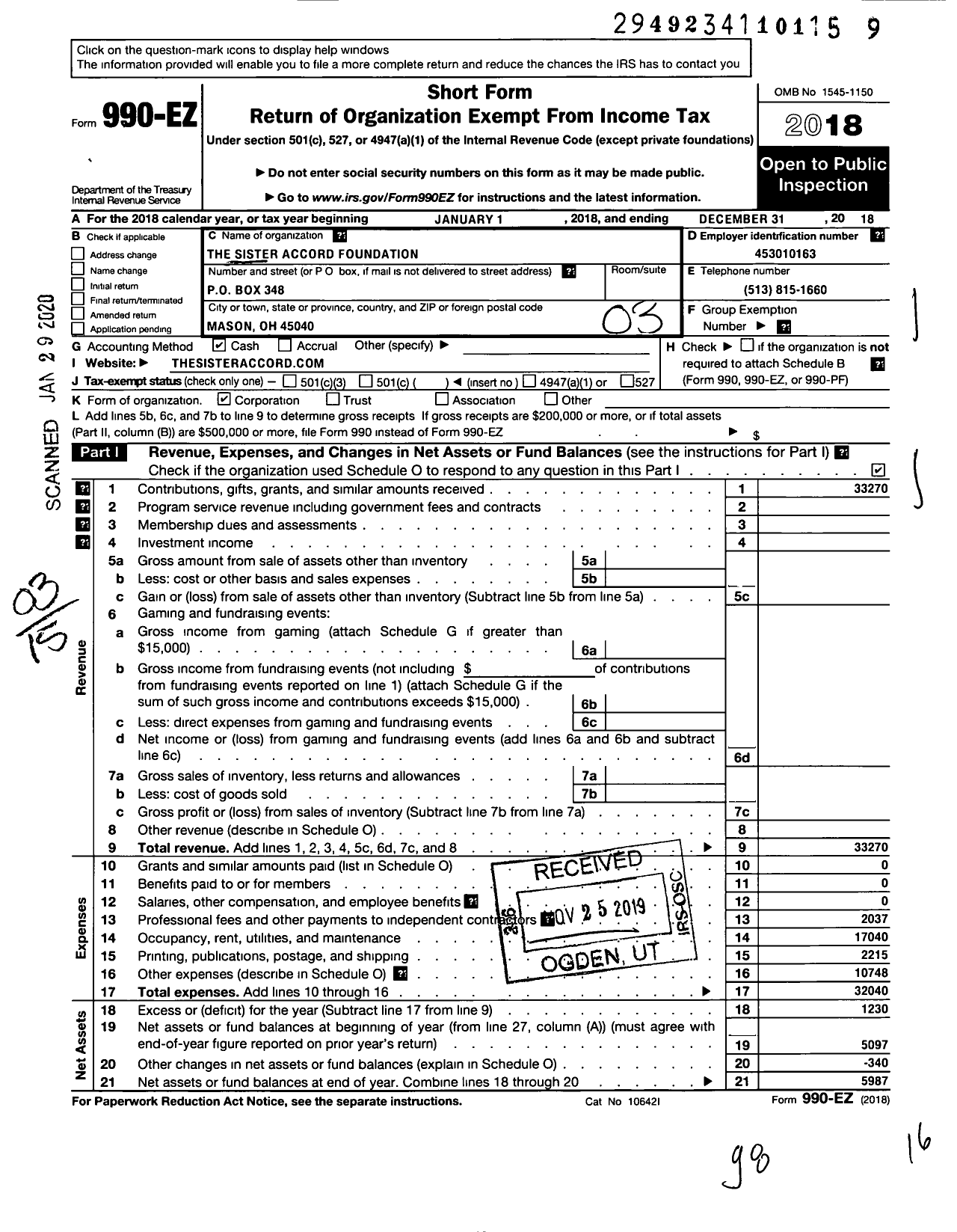 Image of first page of 2018 Form 990EZ for The Sister Accord Foundation