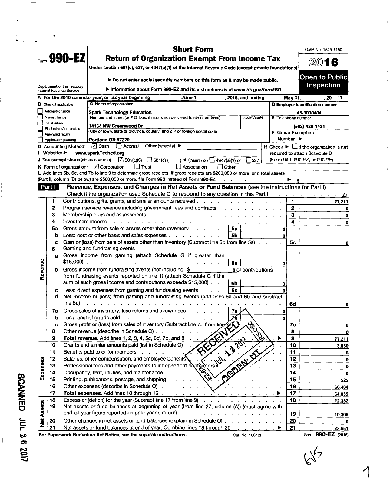 Image of first page of 2016 Form 990EZ for Spark Technology Education