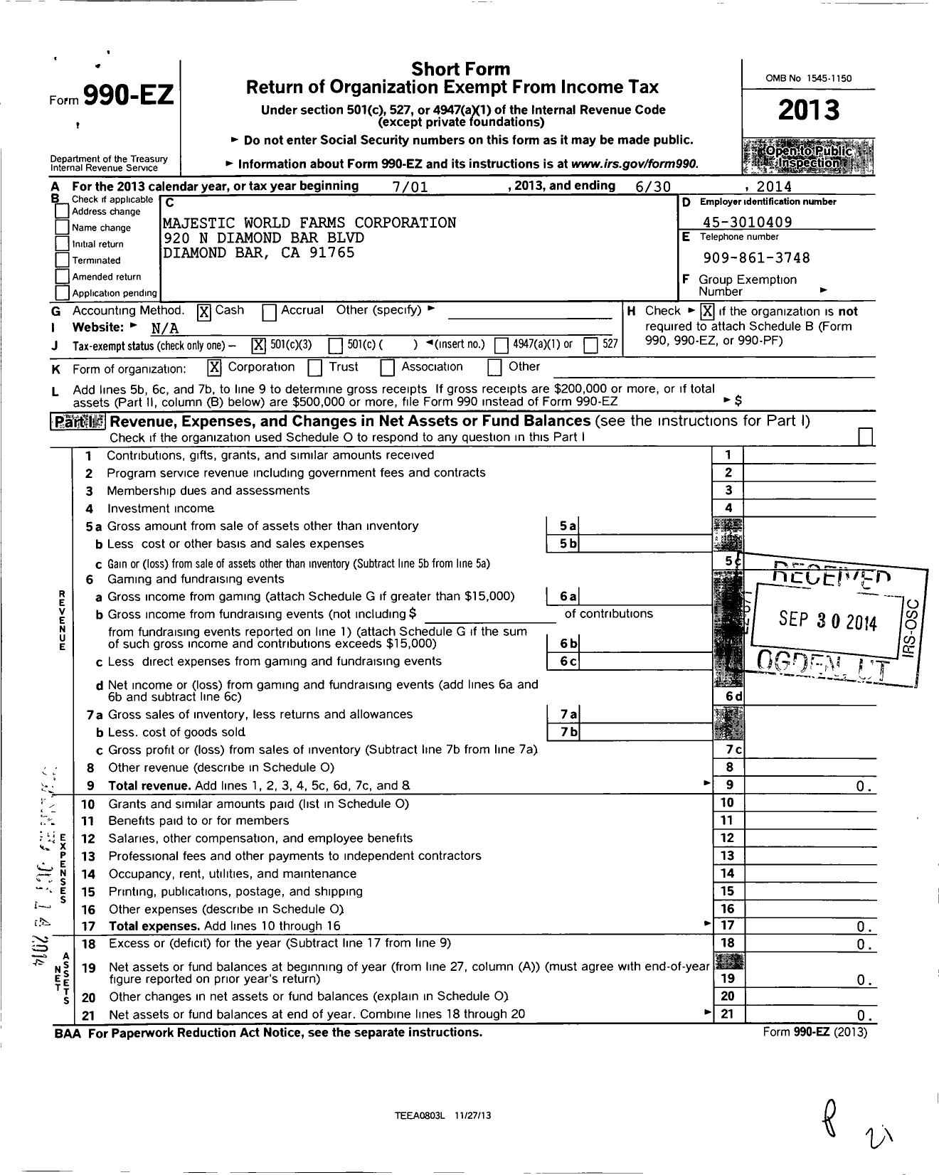 Image of first page of 2013 Form 990EZ for Majestic World Farms Corporation