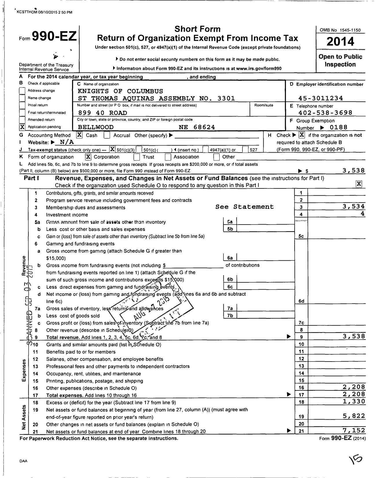 Image of first page of 2014 Form 990EZ for Knights of Columbus