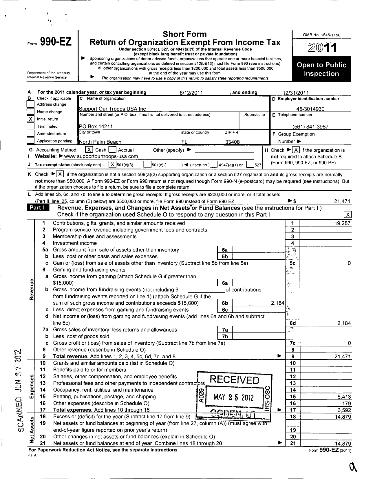 Image of first page of 2011 Form 990EZ for Support Our Troops USA