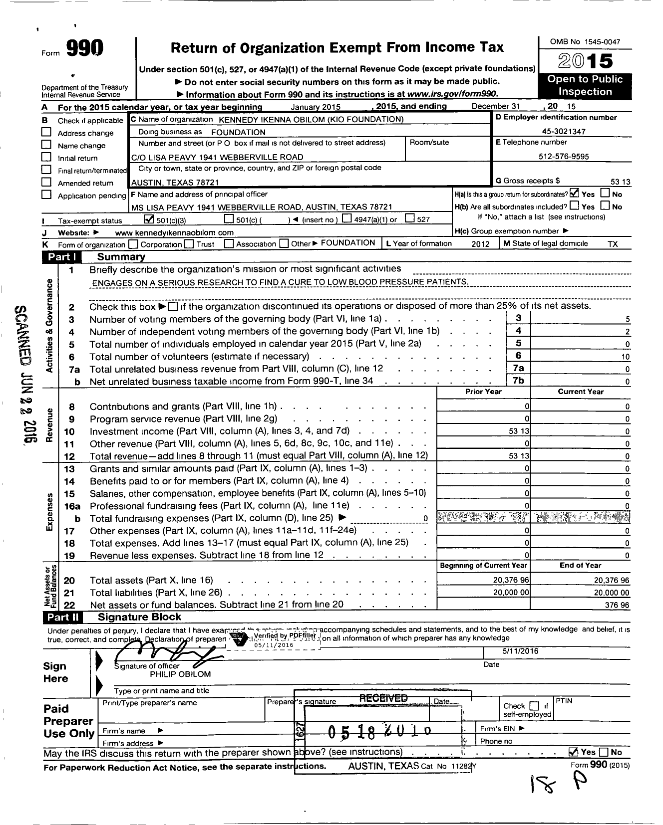 Image of first page of 2015 Form 990 for Kennedy Ikenna Obilom Foundation