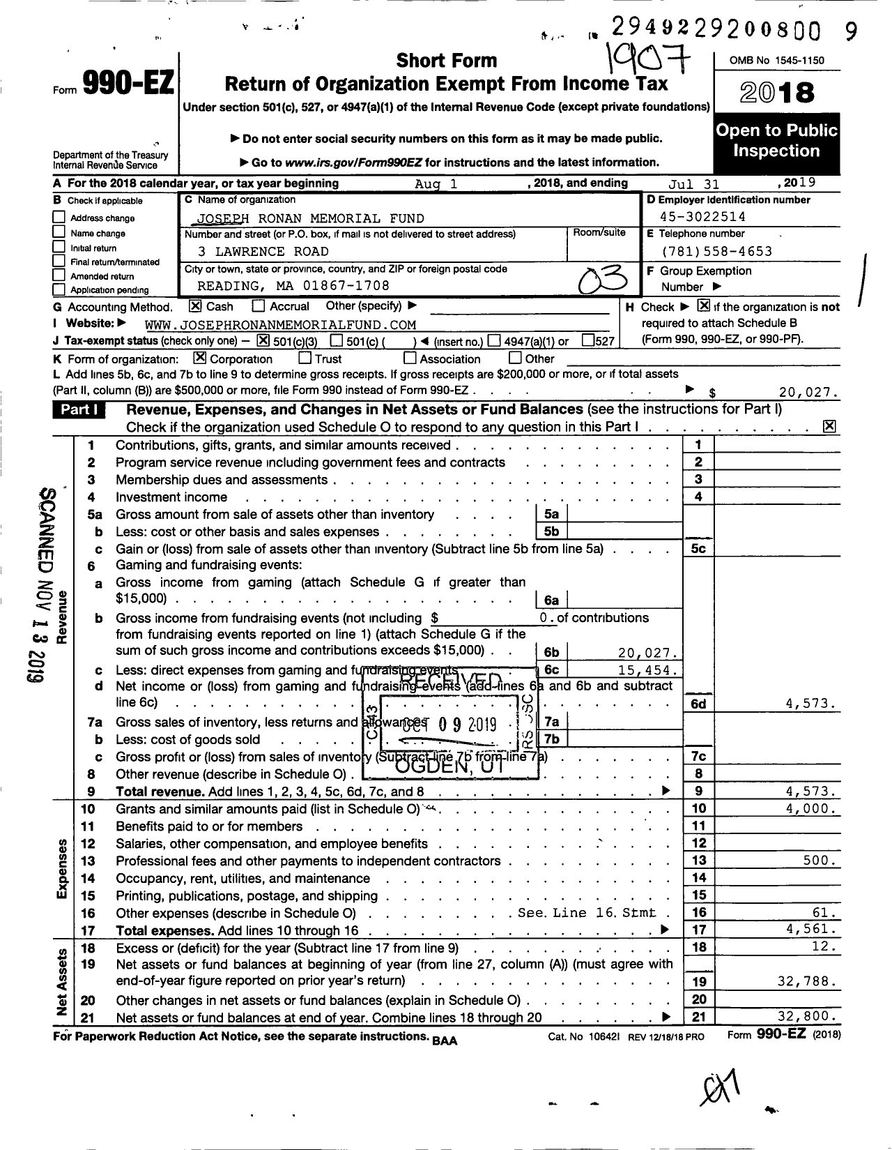 Image of first page of 2018 Form 990EZ for Joseph Ronan Memorial Fund