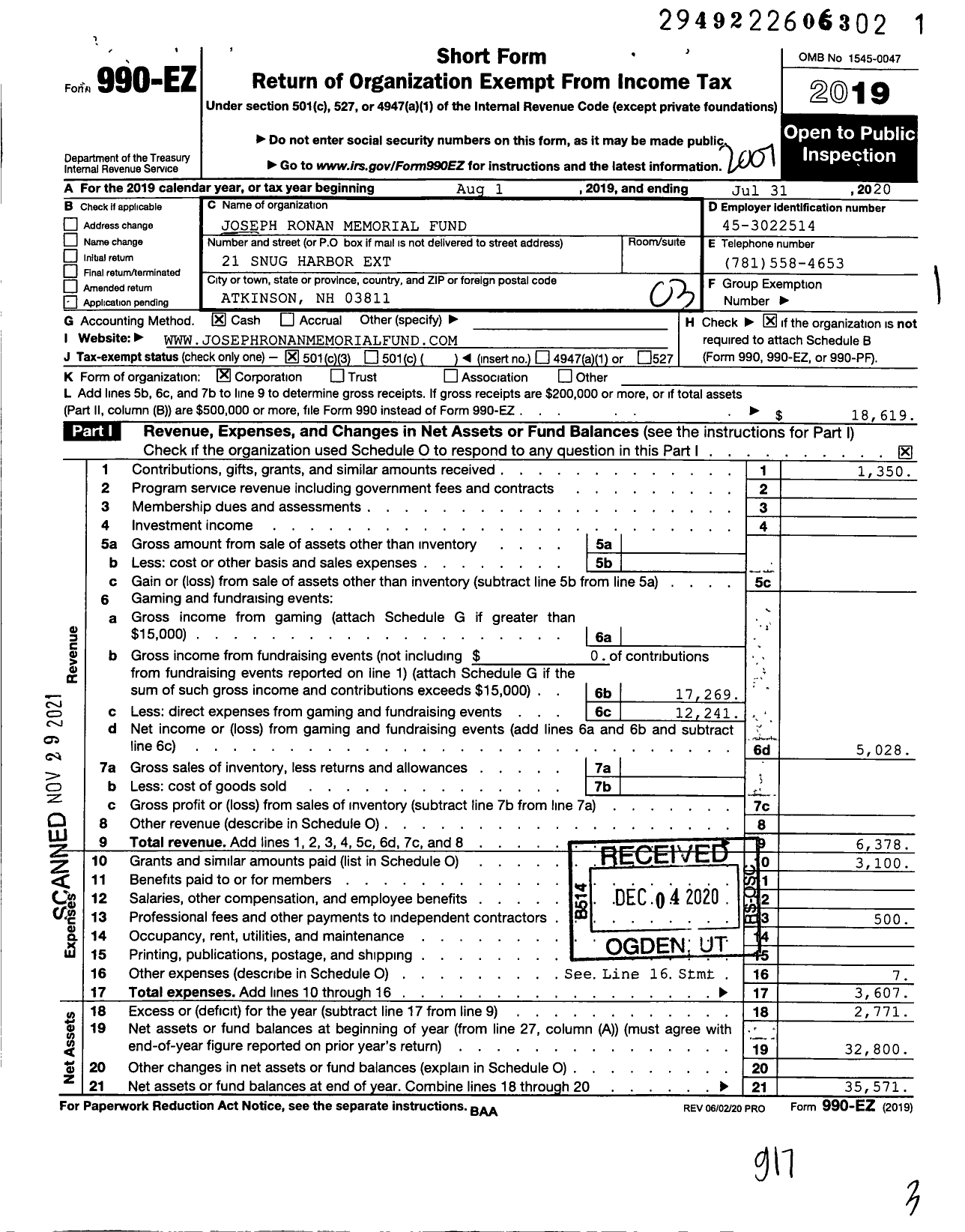 Image of first page of 2019 Form 990EZ for Joseph Ronan Memorial Fund