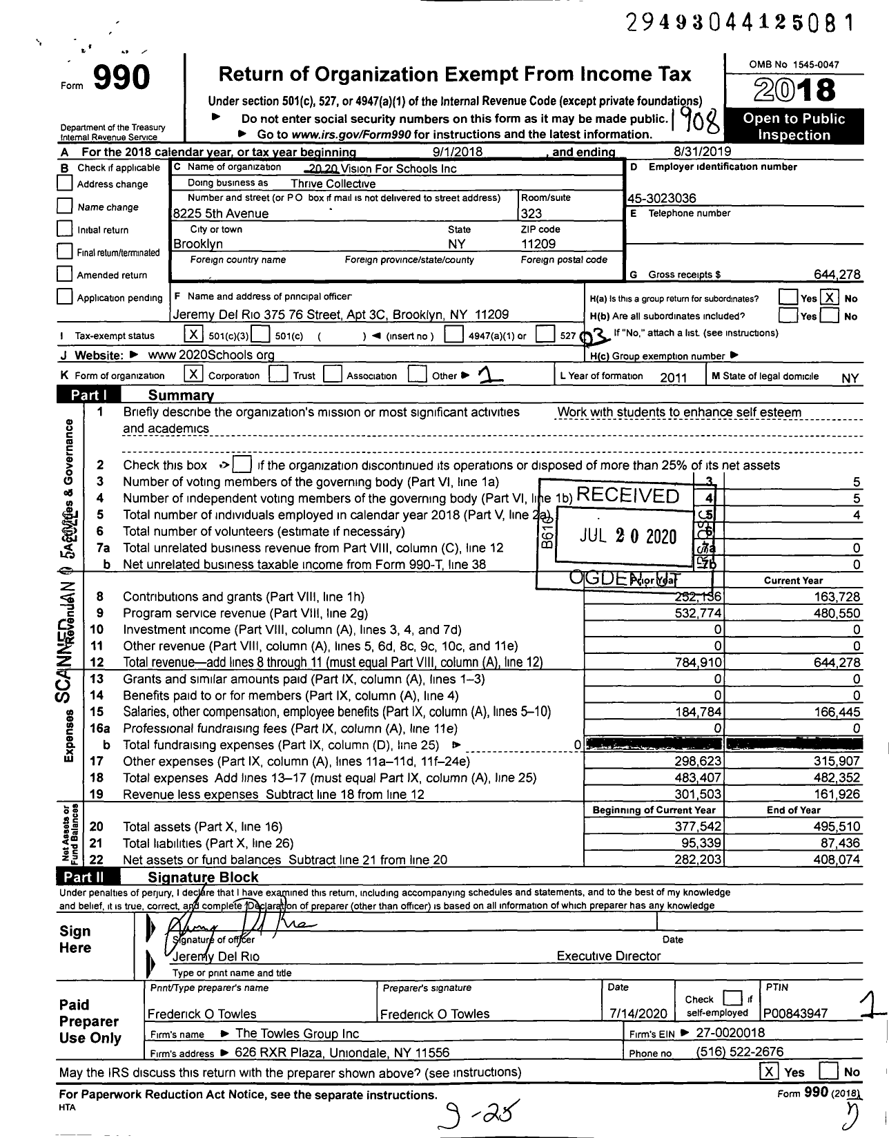 Image of first page of 2018 Form 990 for Thrive Collective / 20 20 Vision For Schools Inc