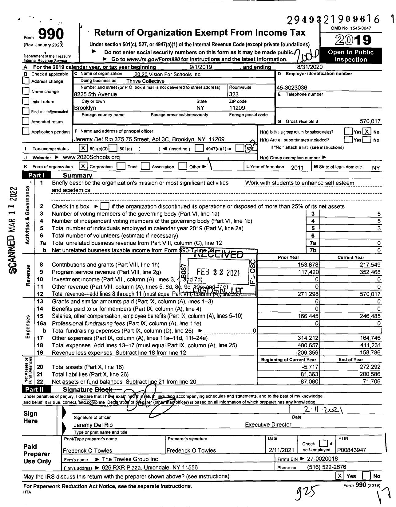 Image of first page of 2019 Form 990 for Thrive Collective / 20 20 Vision For Schools Inc