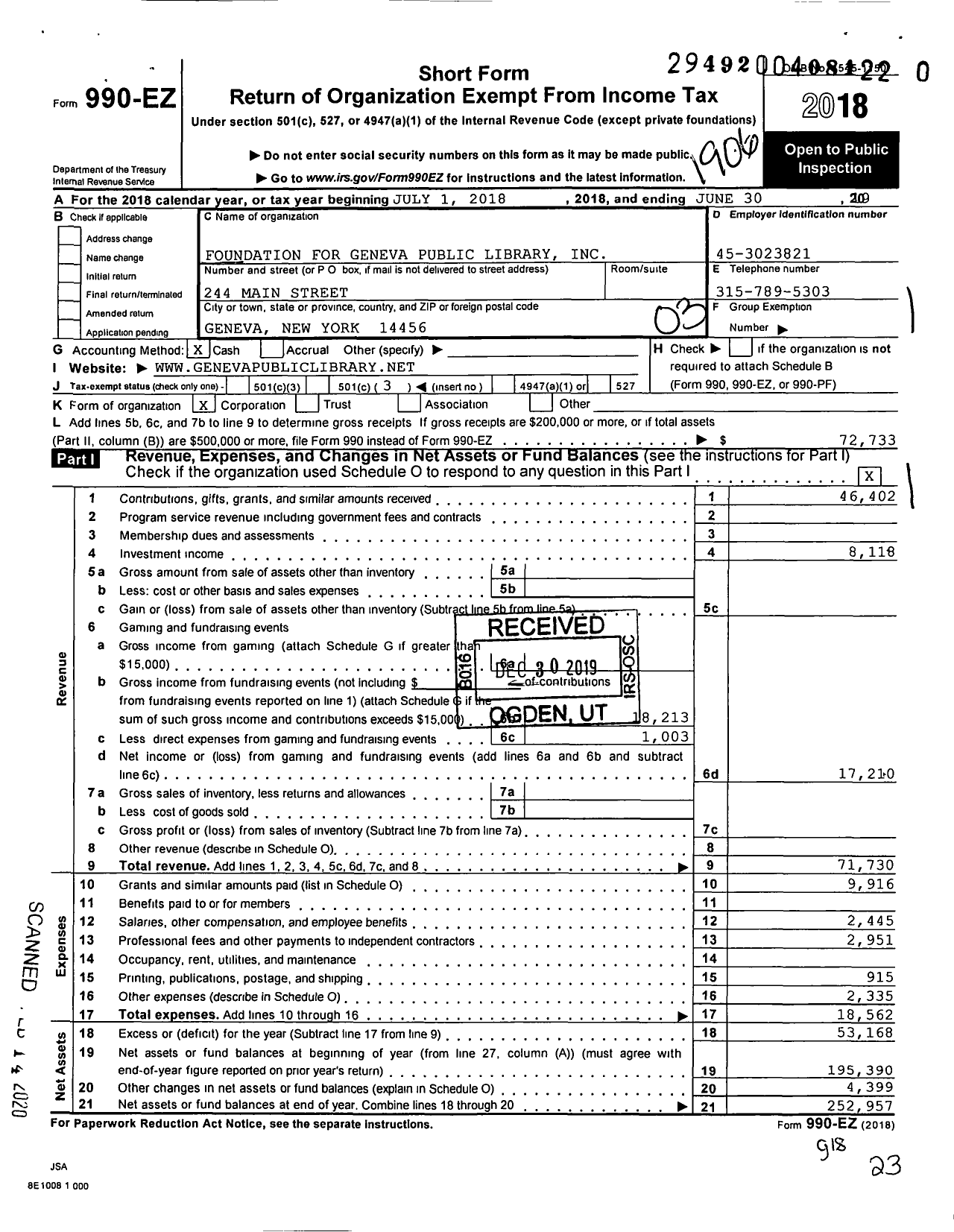 Image of first page of 2018 Form 990EZ for Foundation for Geneva Public Library