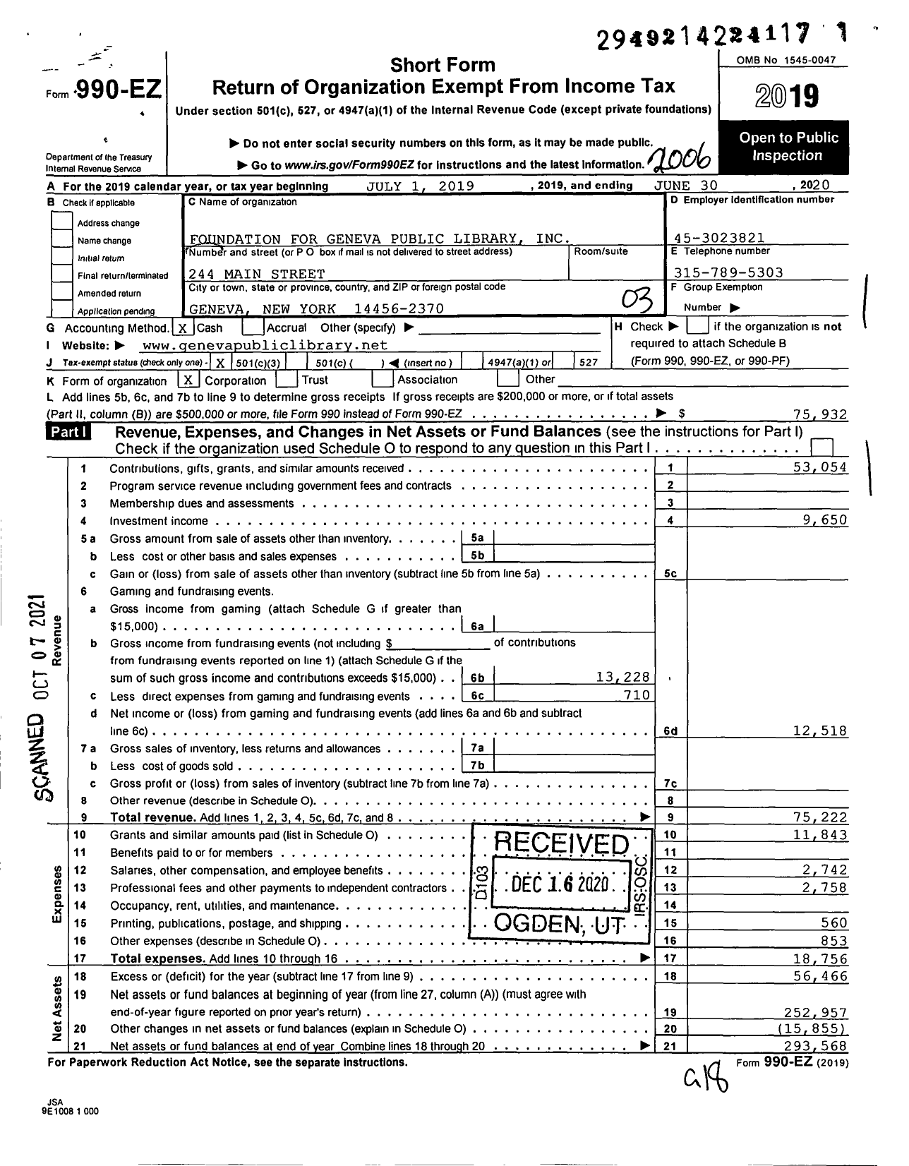 Image of first page of 2019 Form 990EZ for Foundation for Geneva Public Library