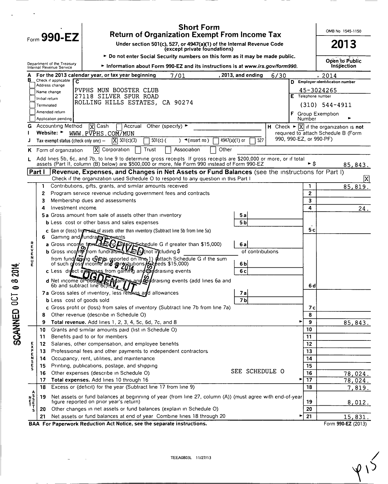 Image of first page of 2013 Form 990EZ for PVPHS Mun Booster Club