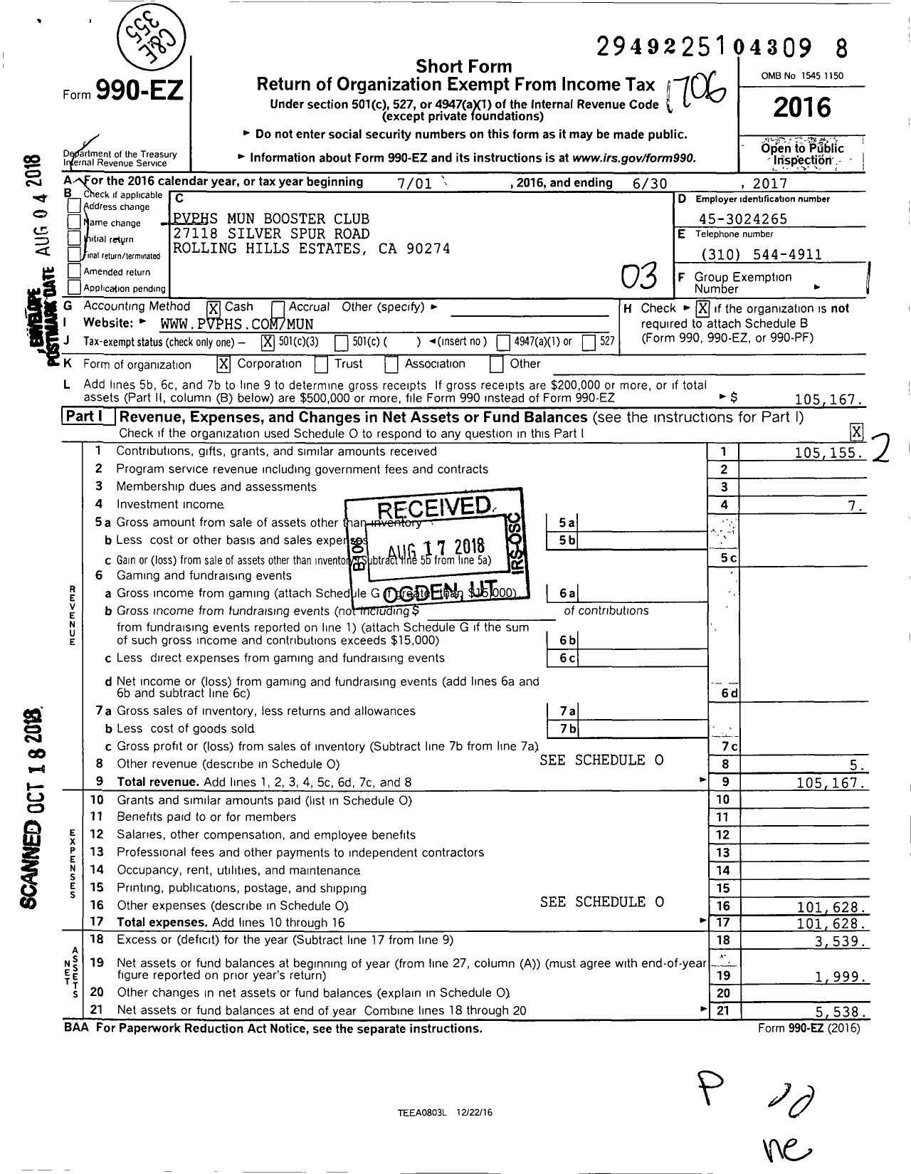 Image of first page of 2016 Form 990EZ for PVPHS Mun Booster Club