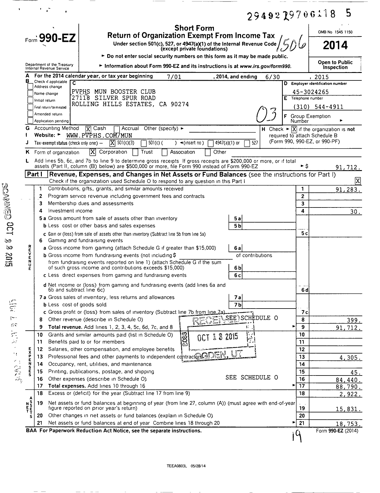 Image of first page of 2014 Form 990EZ for PVPHS Mun Booster Club