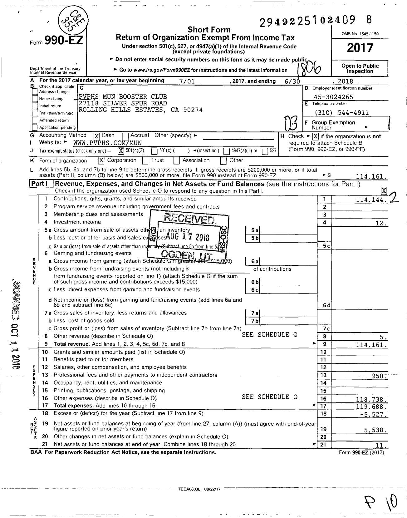 Image of first page of 2017 Form 990EZ for PVPHS Mun Booster Club