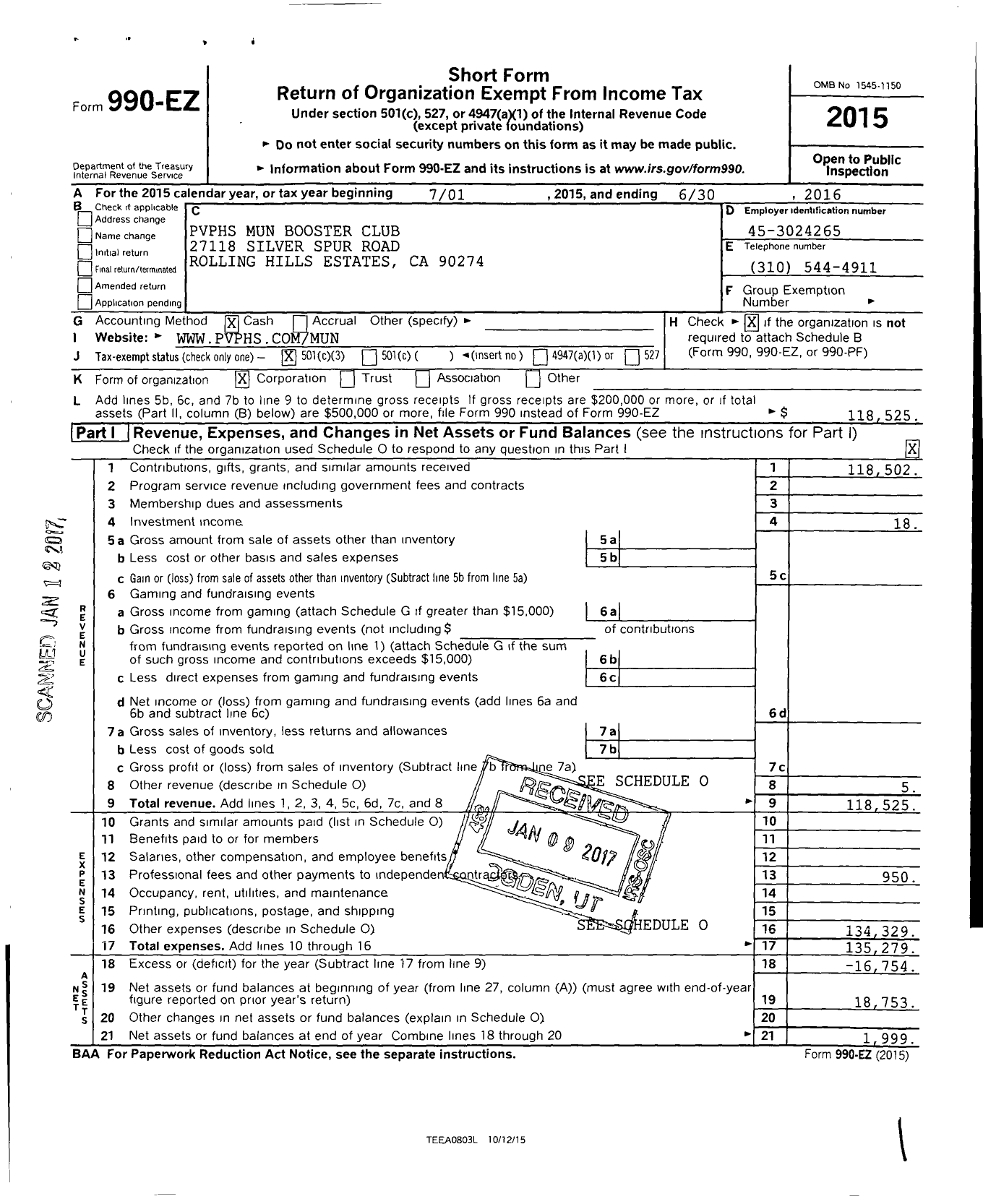 Image of first page of 2015 Form 990EZ for PVPHS Mun Booster Club