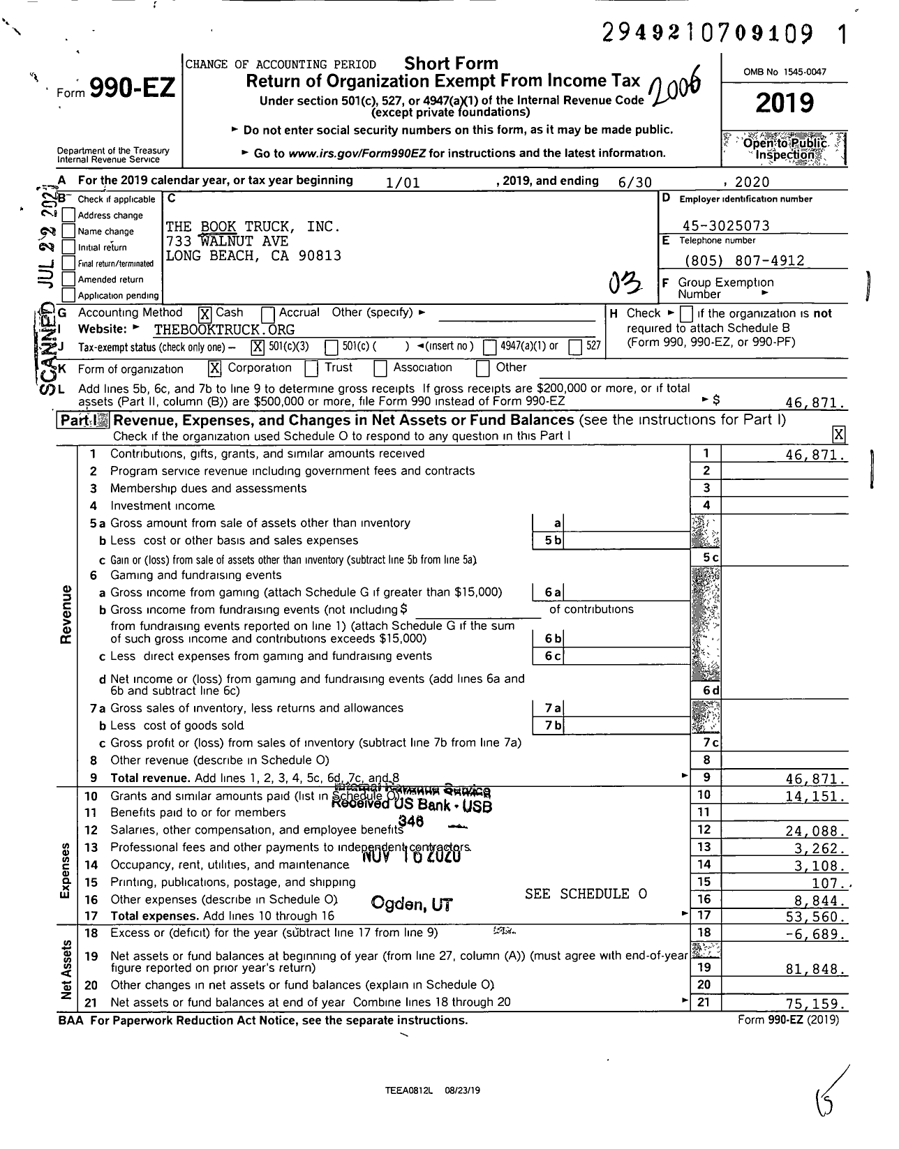 Image of first page of 2019 Form 990EZ for The Book Truck