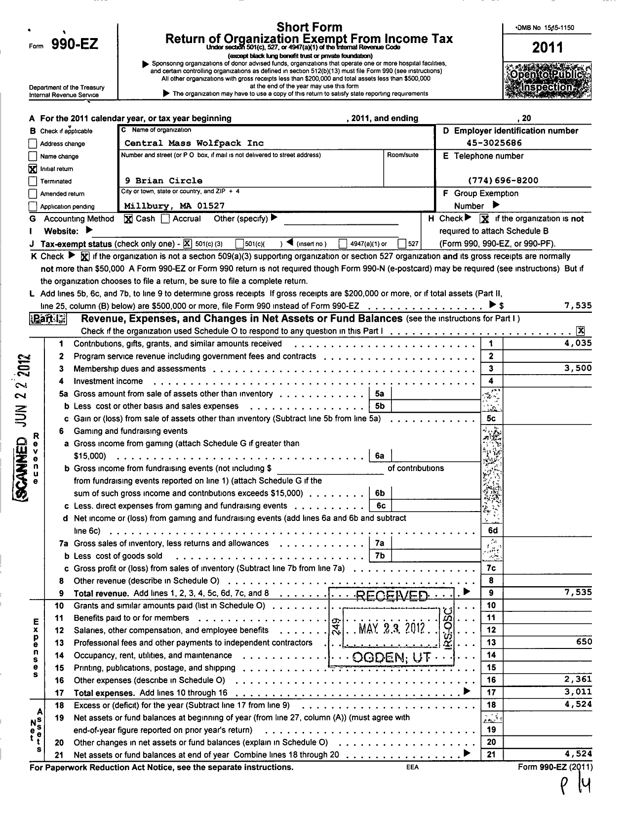 Image of first page of 2011 Form 990EZ for Central Mass Wolfpack