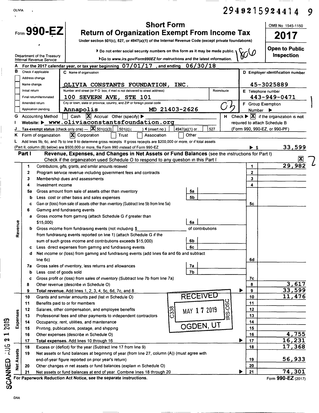 Image of first page of 2017 Form 990EZ for Olivia Constants Foundation