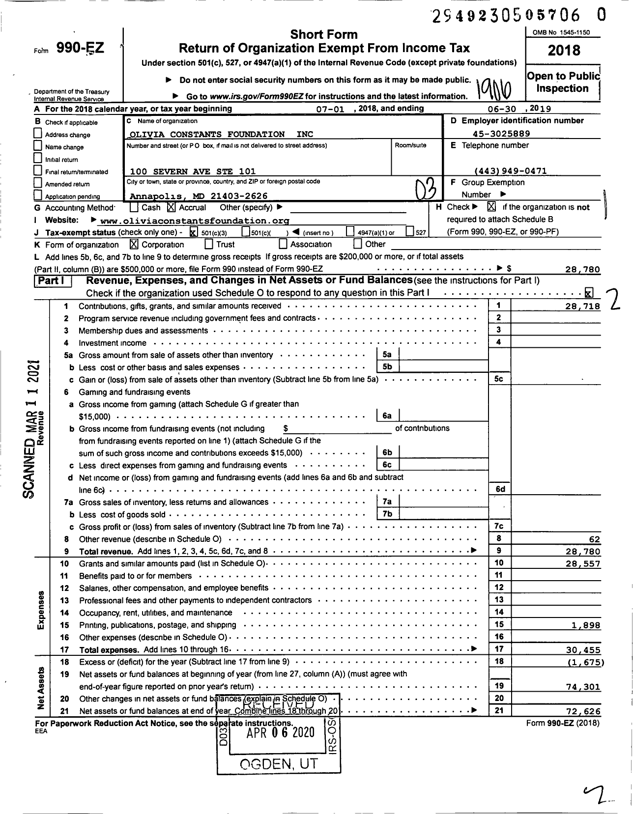 Image of first page of 2018 Form 990EZ for Olivia Constants Foundation