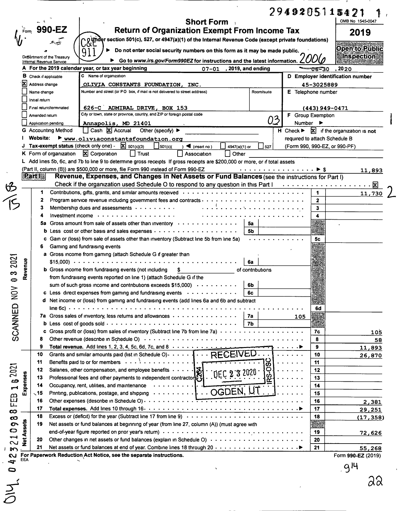 Image of first page of 2019 Form 990EZ for Olivia Constants Foundation