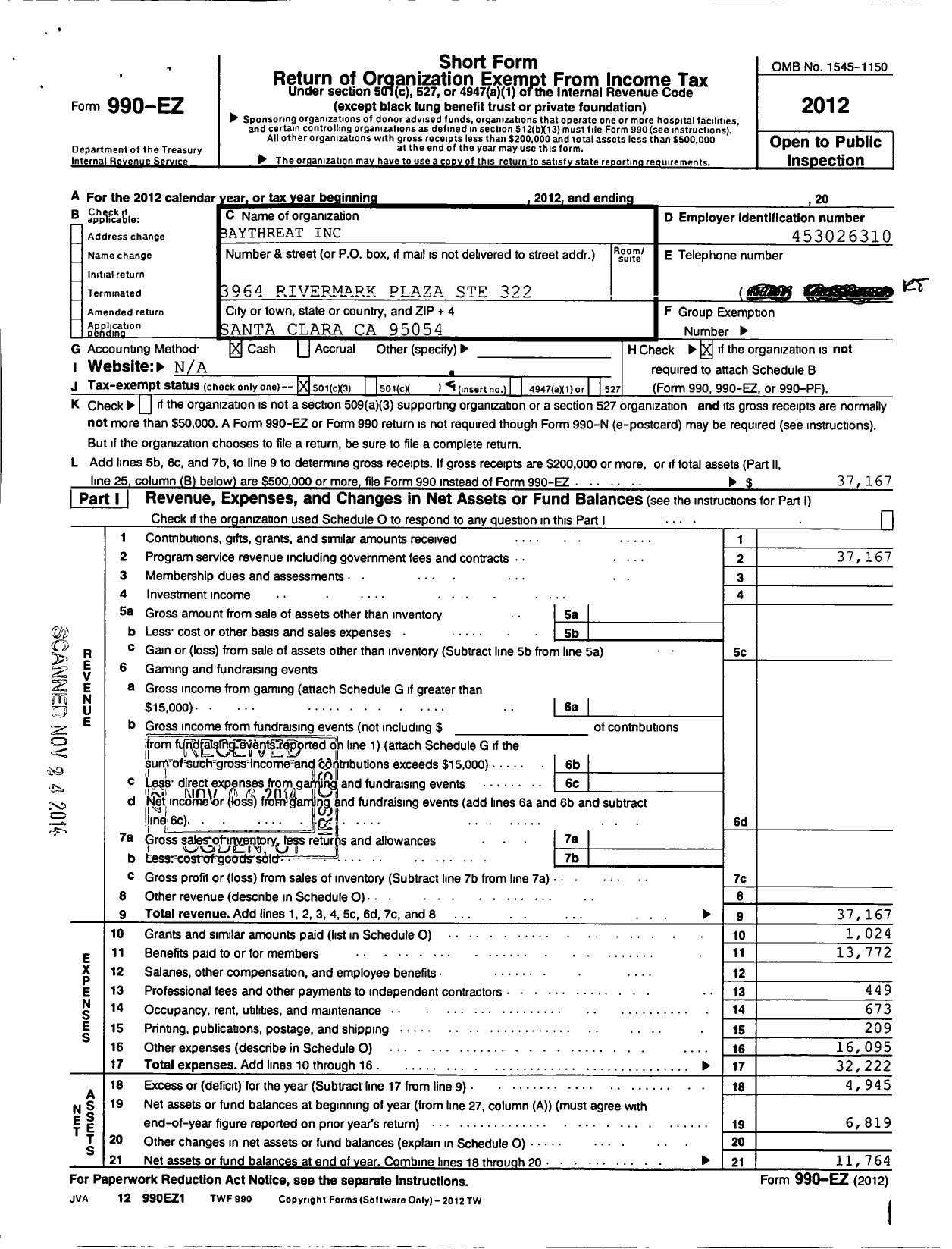 Image of first page of 2012 Form 990EZ for Baythreat