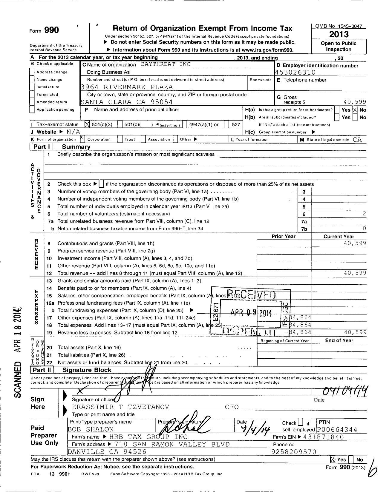 Image of first page of 2013 Form 990 for Baythreat