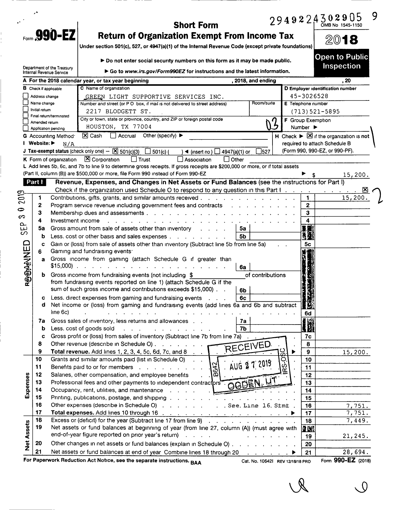 Image of first page of 2018 Form 990EZ for Green Light Supportive Services