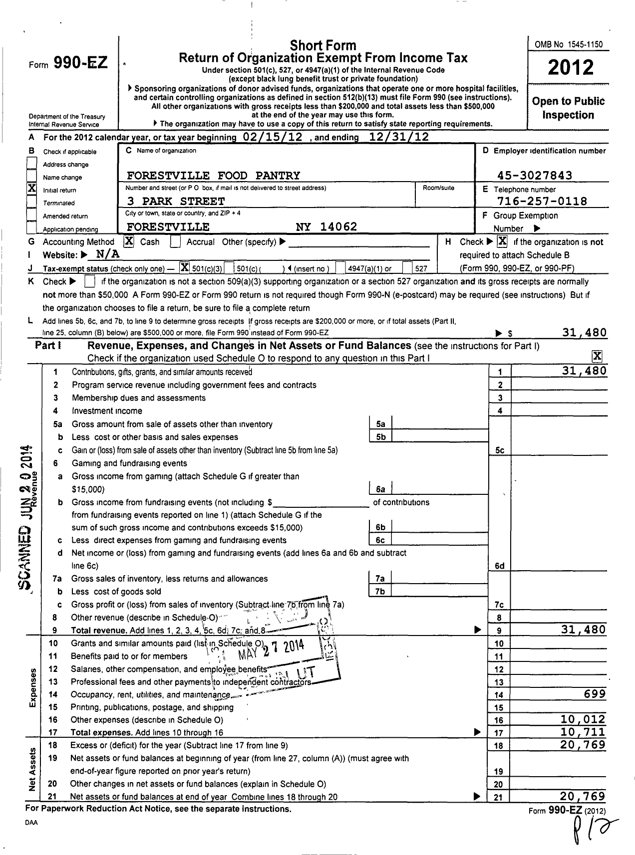 Image of first page of 2012 Form 990EZ for Forestville Food Pantry