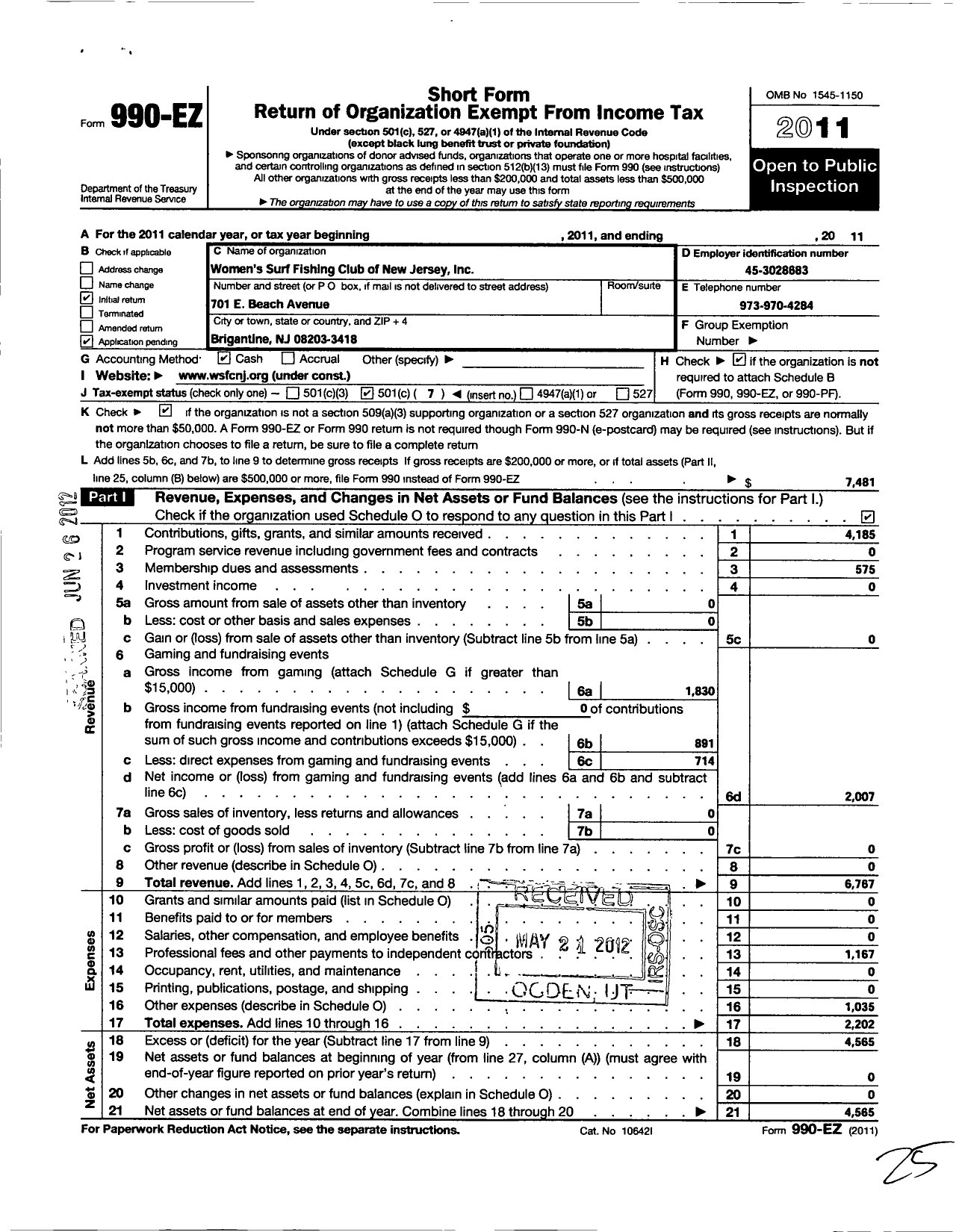 Image of first page of 2011 Form 990EO for Womens Surf Fishing Club of New Jersey