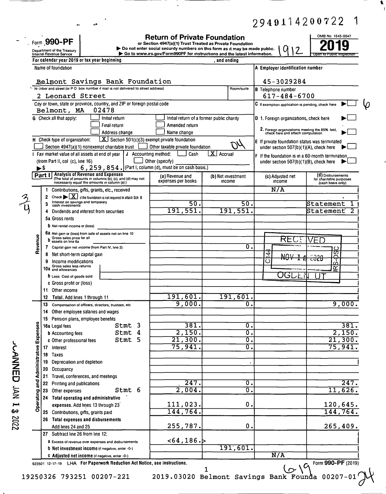 Image of first page of 2019 Form 990PF for Belmont Savings Bank Foundation