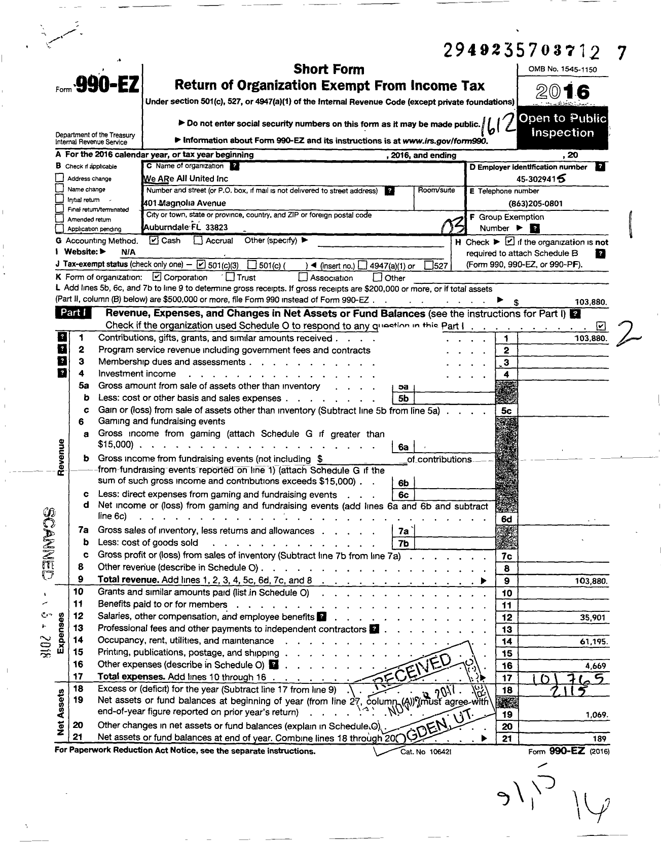 Image of first page of 2016 Form 990EZ for We Are All United