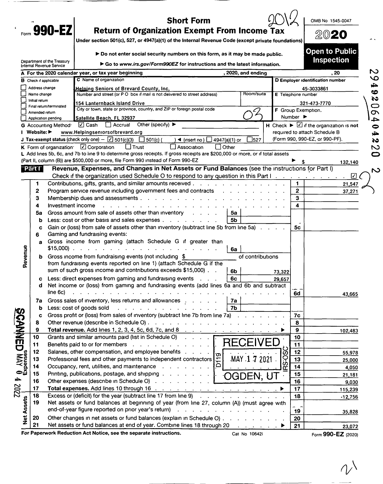 Image of first page of 2020 Form 990EZ for Helping Seniors of Brevard County