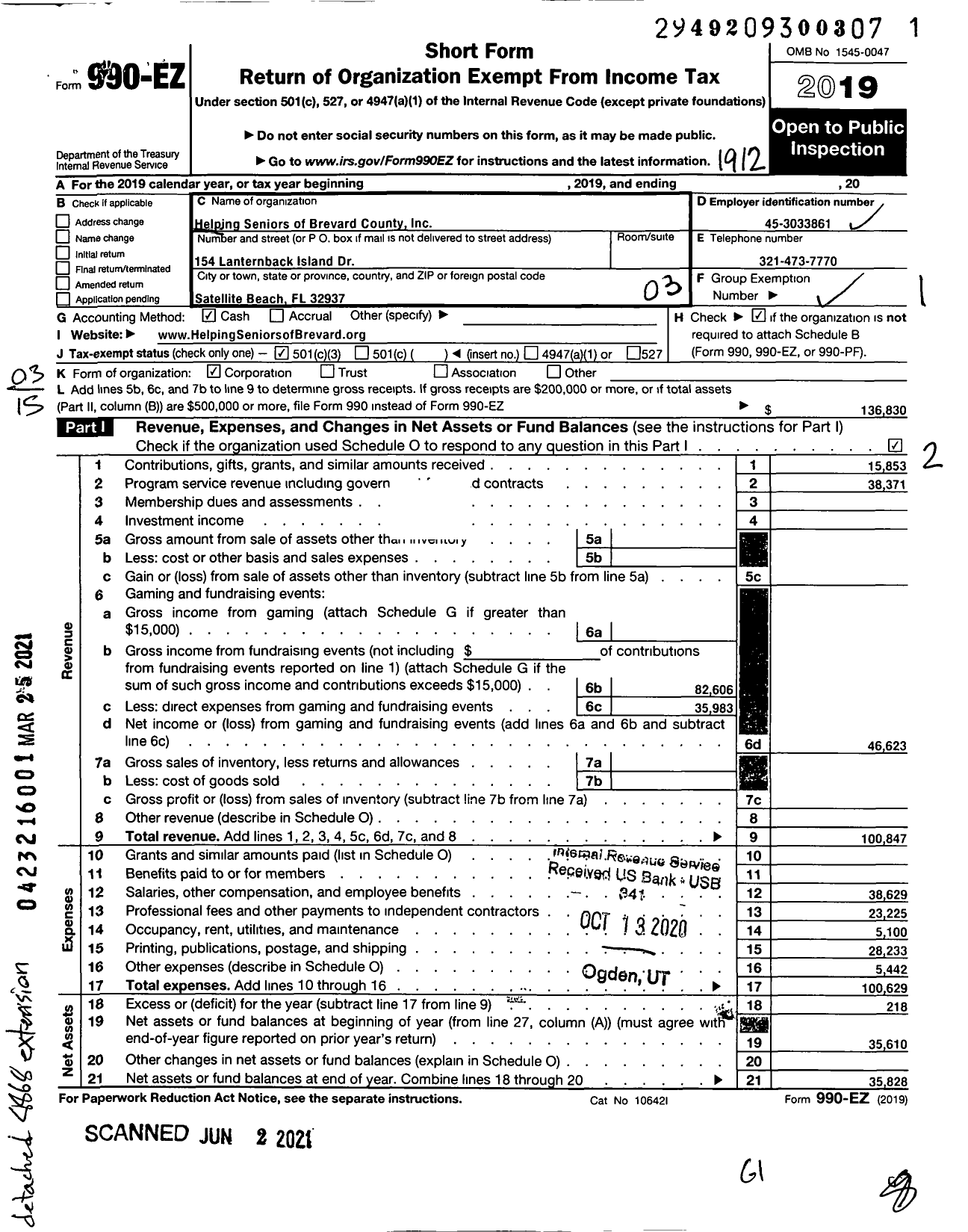 Image of first page of 2019 Form 990EZ for Helping Seniors of Brevard County