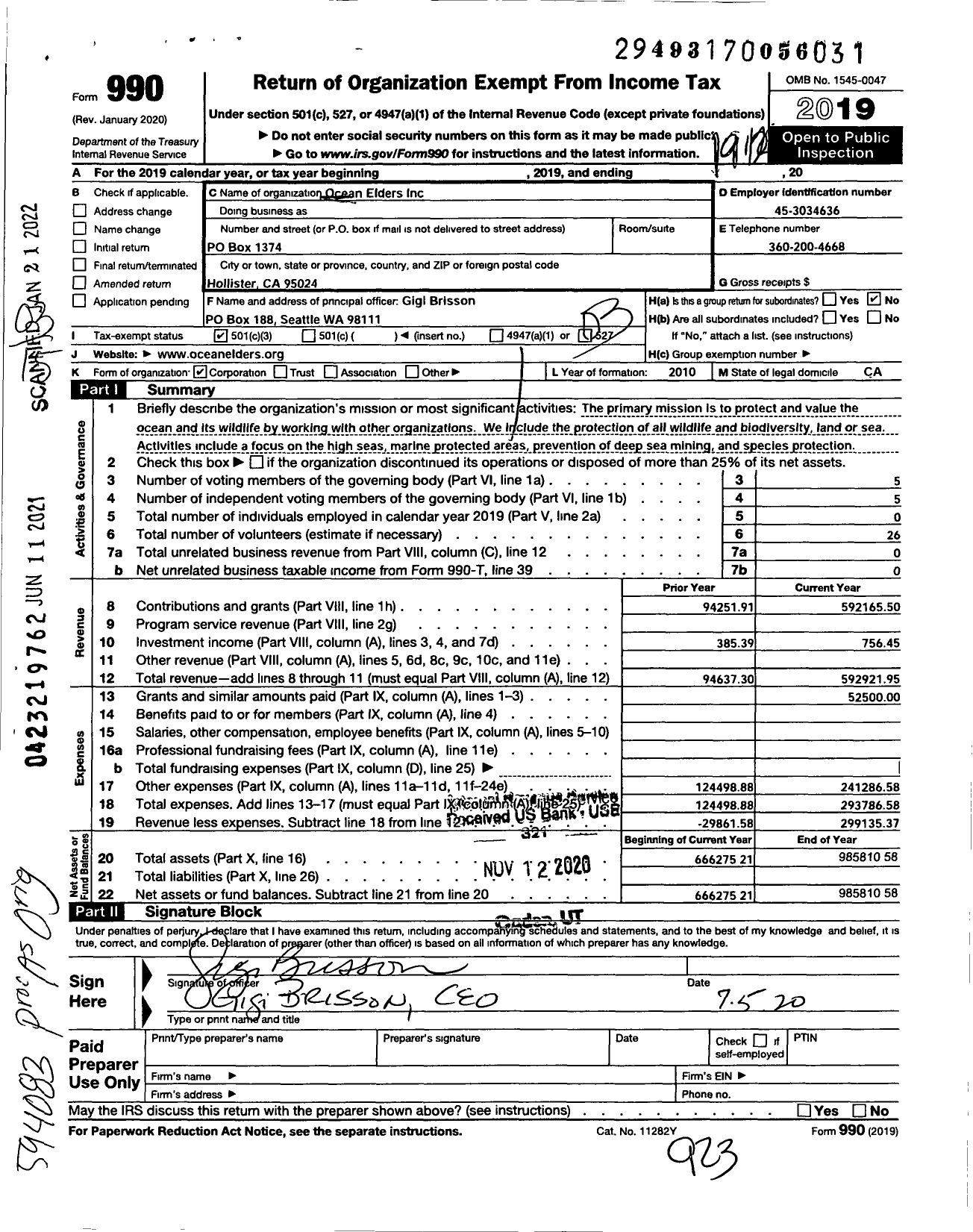 Image of first page of 2019 Form 990 for Ocean Elders