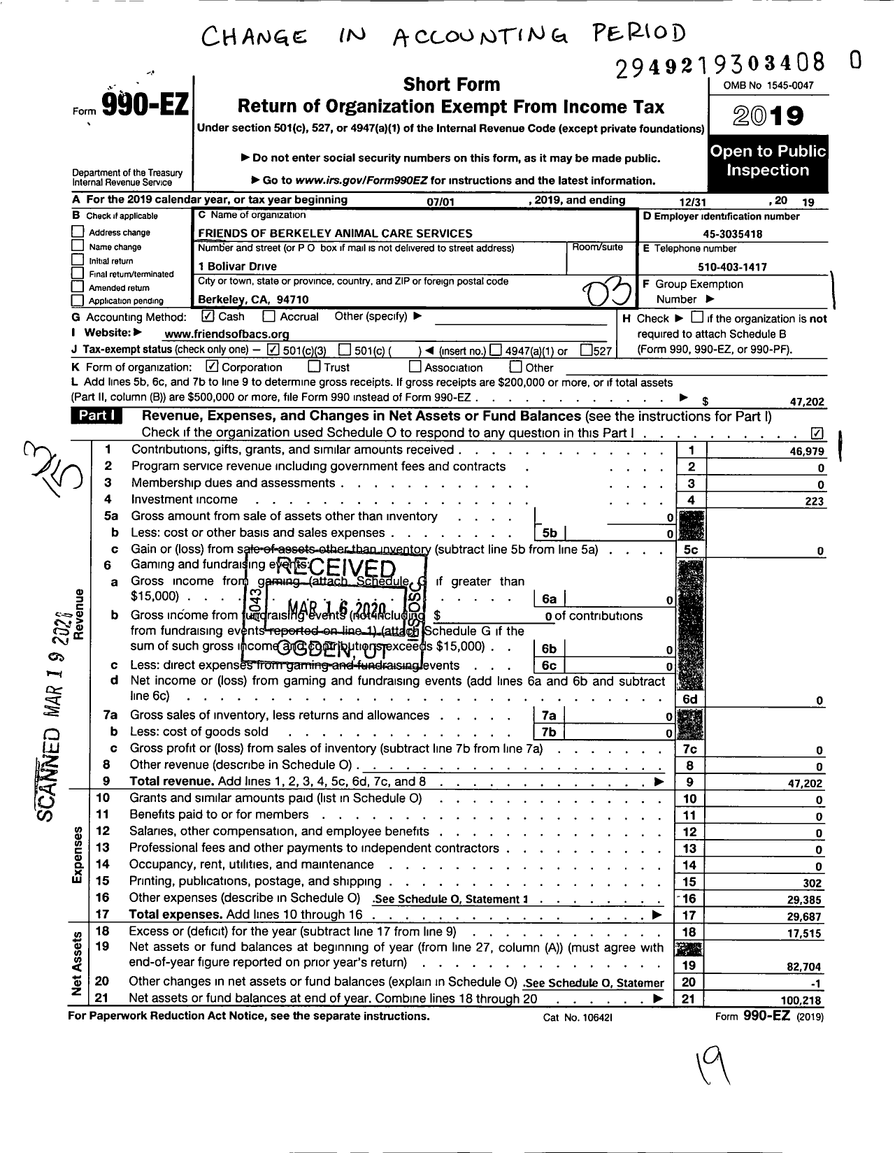 Image of first page of 2019 Form 990EZ for Friends of Berkeley Animal Care Services