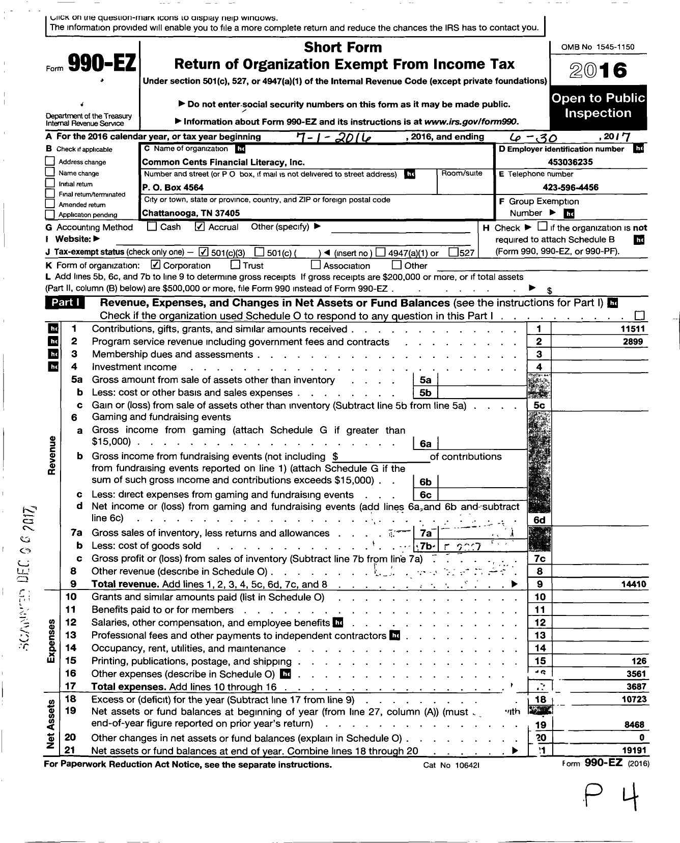 Image of first page of 2016 Form 990EZ for Common Cents Financial Literacy