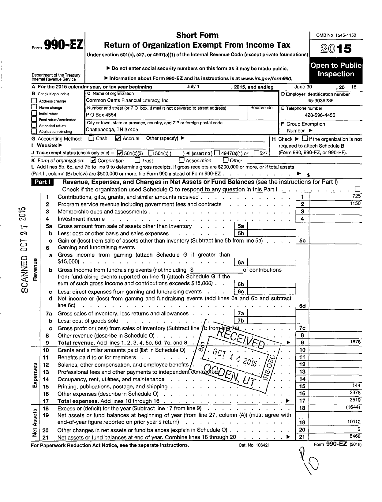 Image of first page of 2015 Form 990EZ for Common Cents Financial Literacy