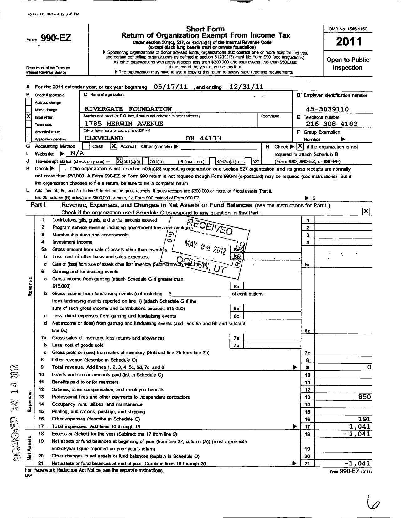 Image of first page of 2011 Form 990EZ for Rivergate Foundation