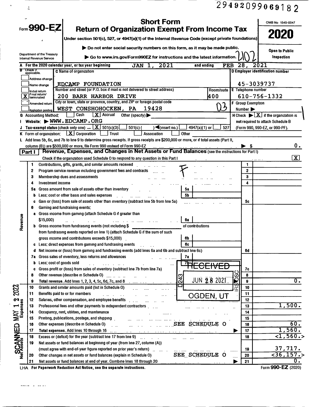 Image of first page of 2020 Form 990EZ for Edcamp Foundation