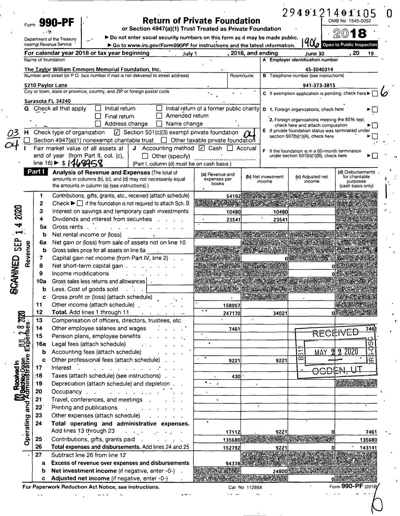 Image of first page of 2018 Form 990PR for Taylor William Emmons Memorial Foundation